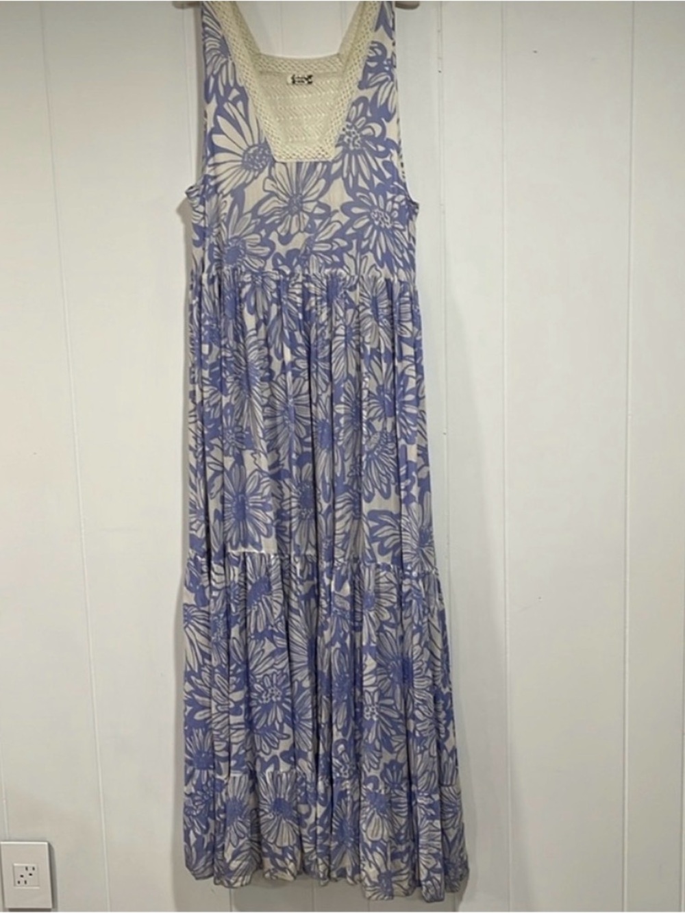 Free People Tiers For You Maxi Dress M Blue Floral Crochet Boho Cottagecore - Picture 3 of 10